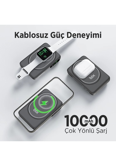 Bix Tpb16 10000 Mah Oled Ekranlı Manyetik Kablosuz Powerbank 20w Pd Hızlı Şarj Ve 15w Magsafe Siyah