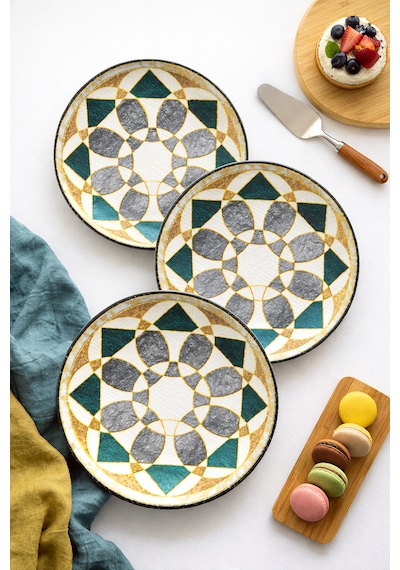 Zarif Geometrik Desenli 6 Adet 20 Cm Pasta Ve Tatlı Tabağı Sunum Tabak Koyu Yeşil