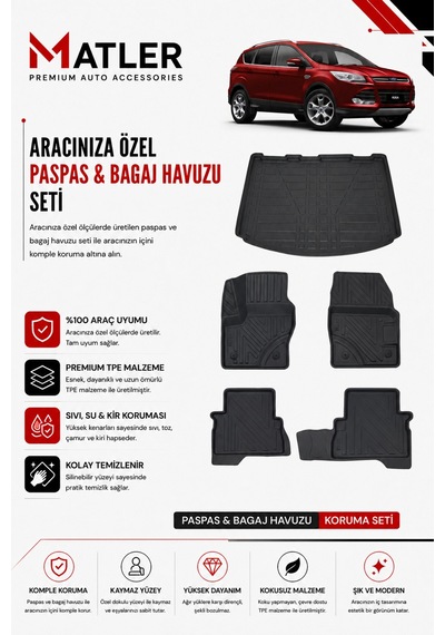 Ford Kuga 2015 Model 4d Ekstra Havuzlu Paspas Ve Bagaj Havuzu Set