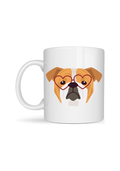 Kalpli Gözlüklü İngiliz Bulldog Tasarımlı Porselen Kupa Model 52 Sevimli Köpek Desenli Kahve & Çay