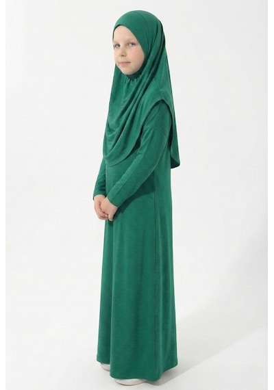 Mnk Baby & Kids Pratik Başörtülü Kız Çocuk Namaz Elbisesi M00789 Yeşil