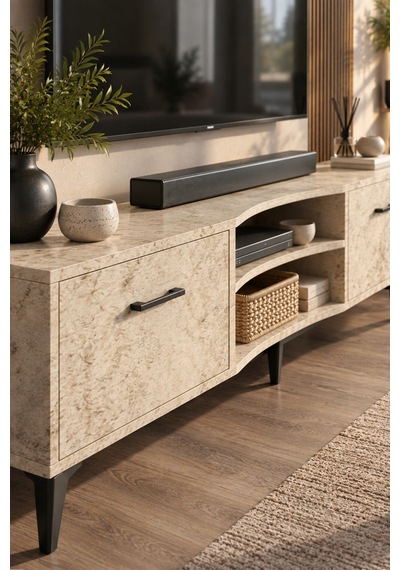 Sulorahome Ekru Traverten Desenli Suntalam Tv Sehpası 160x35 Cm