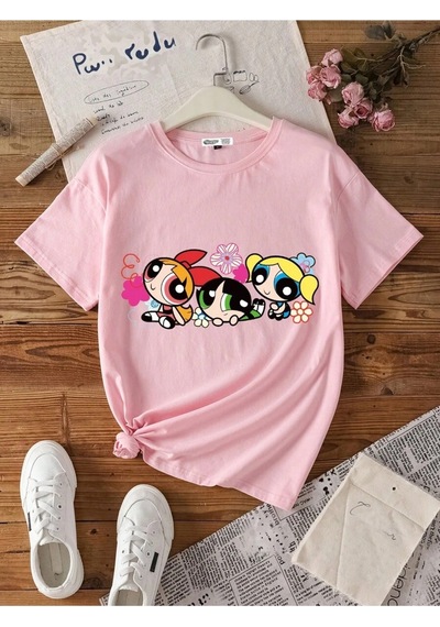 Flood Of Style Kadın Pembe Renkli Powerpuff Girls Baskılı Oversize