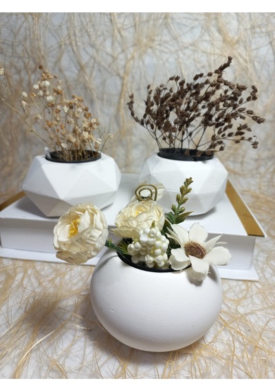 Dekoratif Beyaz Saksı 3'lü Set - Kaktüs/sukulent Saksısı,çiçeklik Seti Beyaz