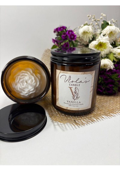 Violas Candle Amber Renk Cam Kavanoz Vanilya Kokulu %100 Soya Wax Mum Beyaz