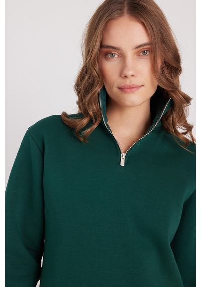 Tudors Kadın Relax Fit Rahat Kesim Pamuklu İçi Polarlı Yarım Fermuarlı Haki Dik Yaka Sweatshirt-37892 Haki