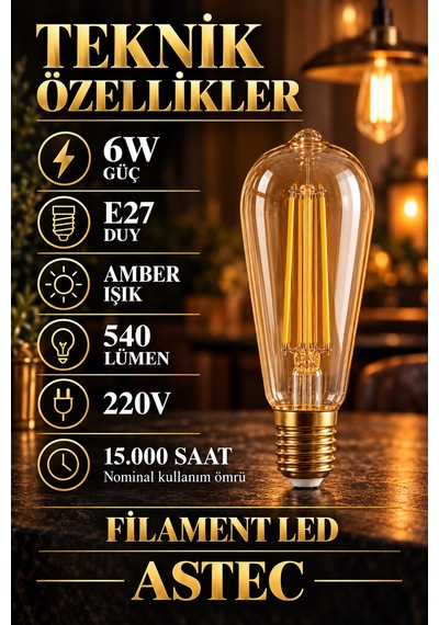 Astec E27 Edison 6 Watt Filament Ampul Amber Işık Dekoratif Ampul