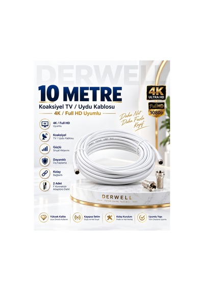 10 Metre 4k Full Hd Koaksiyel Tv Uydu Anten Kablosu Seti - Güçlü Sinyal Aktarımlı Dayanıklı Televizyon Kablosu - Lnb Alıcı Uyumlu Yüksek Kalite Beyaz
