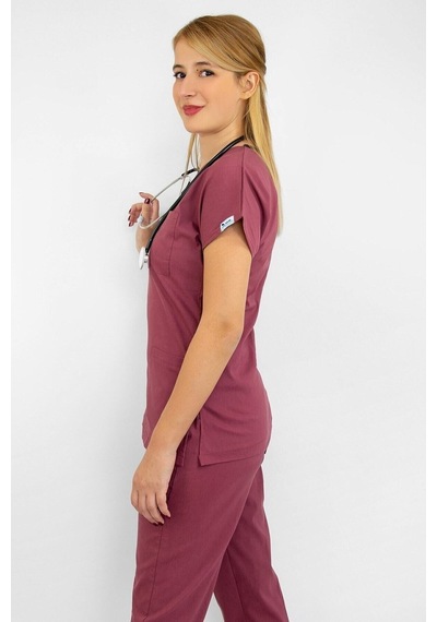 Unisex Gül Kurusu Renk Likralı Doktor Hemşire Cerrahi Scrubs Tek Üst Forma Gül Kurusu Gül Kurusu