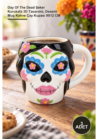 3 Adet Seramik Kupa Bardak Day Of The Dead Şeker Kurukafa 3d Tasarımlı, Desenli Mug Kahve Çay Kupası 9x12 Cm