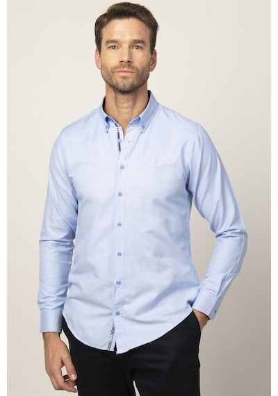 Tudors Slim Fit Dar Kesim Uzun Kol Erkek Gömlek-23467 Mavi