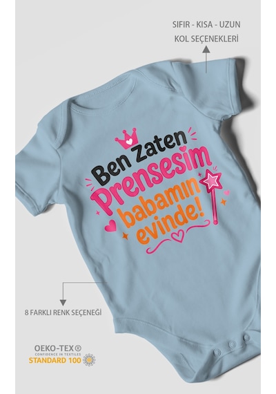Morivokids Ben Zaten Prensesim Babamın Evinde Kısa Kollu Bebek Body %100 Pamuk Bebe Mavisi