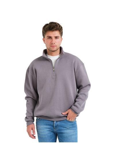 Justever Regular Fit Dik Yaka Yarı Fermuarlı Şardonlu Gri Erkek Sweatshirt - Prime Gri