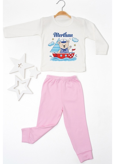 Pia Baby İsme Özel Erkek Çocuk Pijama Takımı %100 Pamuk Penye İsim Baskılı Kişiye Özel Çocuk Pijaması 10872p14pi Krem