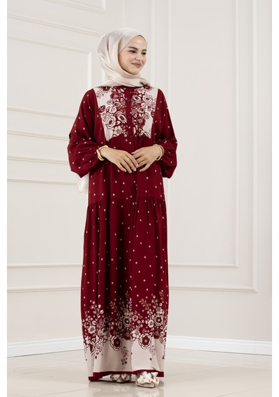 Sevitli Yarım Düğmeli Robalı Damla Elbise-bordo-5863