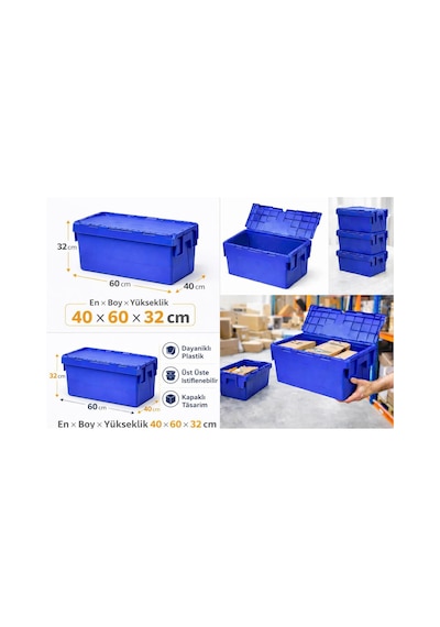 8li 30 40 32 Cm Mavi Menteşe Kapaklı Plastik Kasa