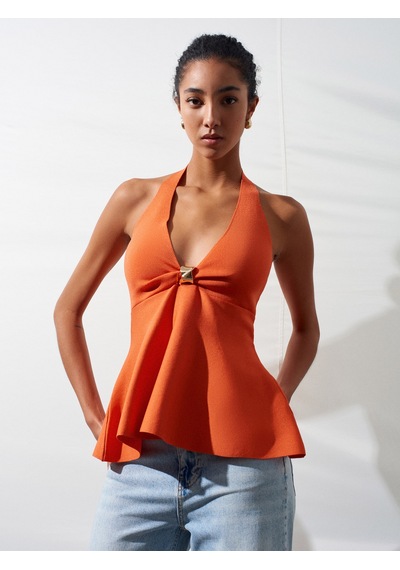 Dilvin 10787 Halter Yaka Metal Detaylı Peplum Triko Bluz-oranj Dilvin 10787 Halter Yaka Metal Detaylı Peplum Triko Bluz-oranj