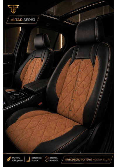 Fiat Egea Cross 2020+ Uyumlu Altar Serisi Tay Tüyü Taba Siyah Premium Koltuk Kılıfı