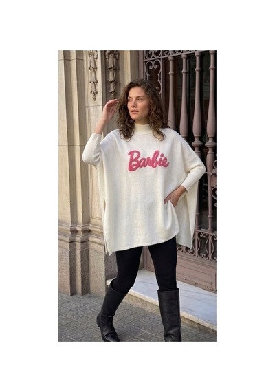 Onno Style Women Barbie Nakışlı Yırtmaçlı Triko Kadın Panço Beyaz