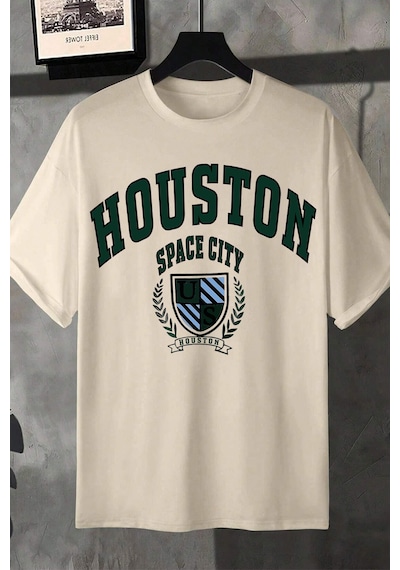Unisex Houston Space City Baskılı Tasarım Tshirt Bej