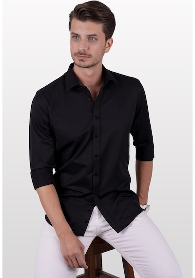 Siyah Saten Slimfit Erkek Gömlek Siyah