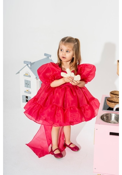 Linola Baby Kids Puffy Şifon Kız Çocuk Parti Elbisesi Fuşya