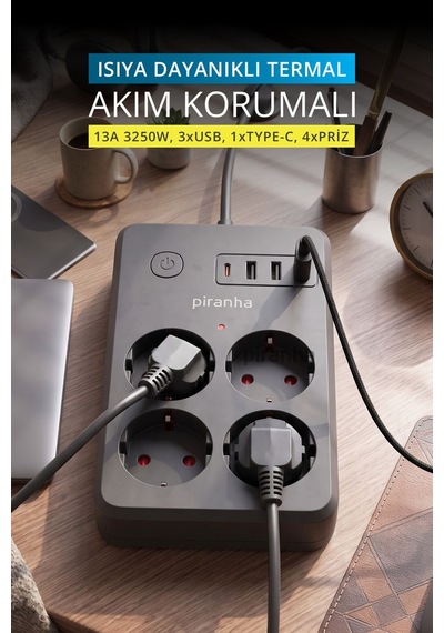 45700 Akım Korumalı 4'lü Priz 3 X Usb Çıkış 1 X Type-c Çıkış Çocuk Koruması 2m Kablo 2 M