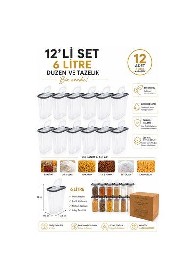 12 Adet 6 Litre Erzak Saklama Kabı Gri Kapaklı, Pratik Dökme Kapaklı, İstiflenebilir Büyük Boy Organizer Şeffaf