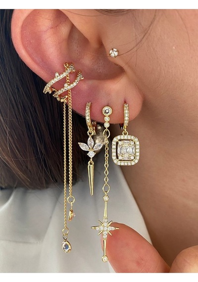 Pinery Jewels Baget Ve Zirkon Taşlı 3'lü Altın Kaplama Kadın Küpe Seti Altın