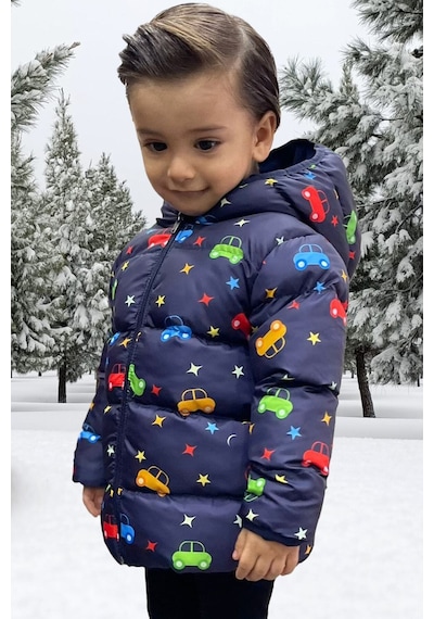 Erkek Çocuk Polarlı Kapüşonlu Gezegen Yıldız Desenli Kışlık Şişme Mont & Kaban & Parka Lacivert