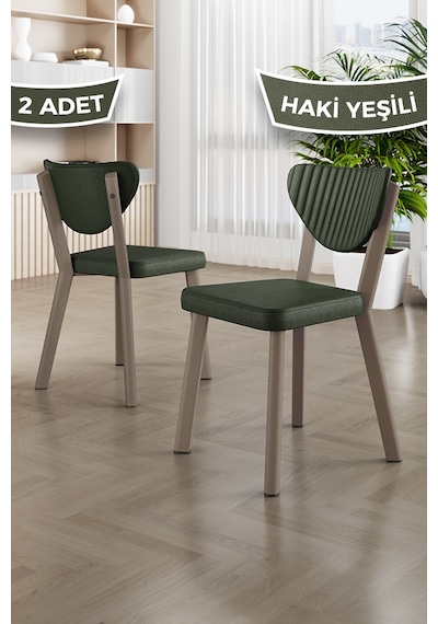 Fubi Serisi 2 Adet Siyah Deri Mutfak,cafe, Restaurant Sandalyesi Cappucino Metal İskeletli Haki Sandalye Cappucino İskelet