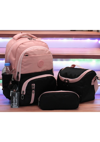İlk Okul Çantası 3'lü Seti Unisex Çocuk İlkokul Çantası Gry-8010 Pudra-siyah Pembe