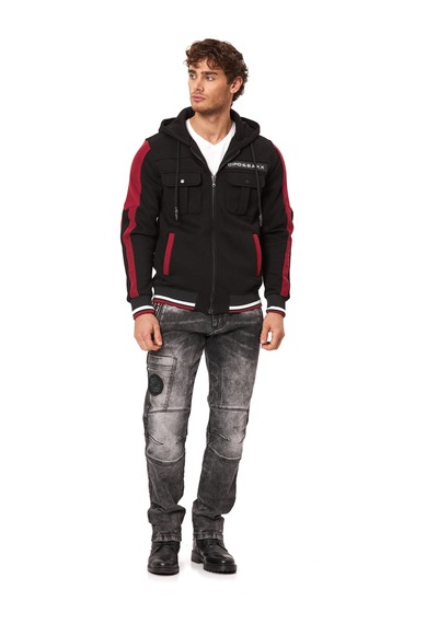Cipo & Baxx Erkek Kapüşonlu Fermuarlı Şerit Detaylı Cepli Sweatshirt Ceket Cl586 Siyah