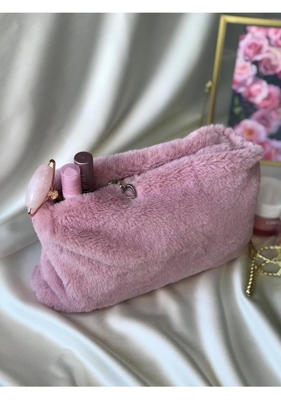 Lexroo Melsea Peluş Makyaj Çantası Pudra Pembe Organizer Seyahat Çantası