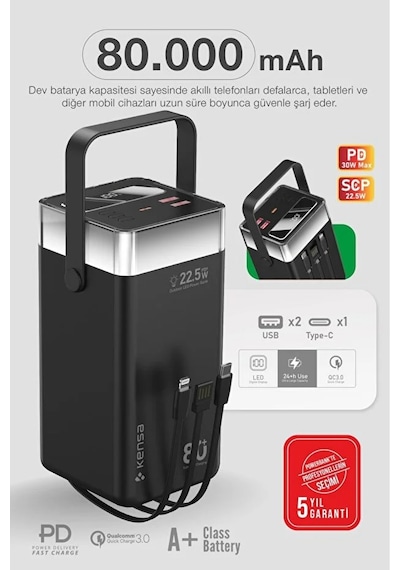 80.000 Mah Süper Kapasiteli Led Işıklı Powerbank Hızlı Şarj, Usb-c & Çoklu Cihaz Desteği Siyah