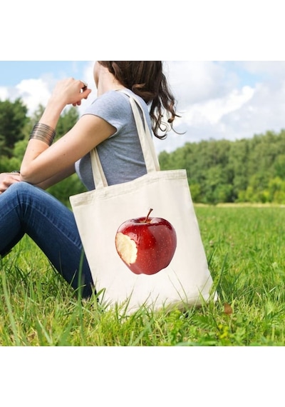 Isırılmış Elma Tasarımlı Bez Çanta Modern Minimal Baskılı Omuz Çantası Çok Renkli