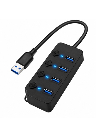 4 Port Usb 3.0 Hub 1.2 Metre Kablolu, Bağımsız Aç/kapa Tuşlu, Adaptör Destekli