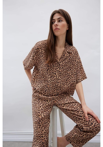 Defacto Loose Fit Leopar Desenli Modal Kısa Kollu Gömlek F0879ax25smbn226 Kahve