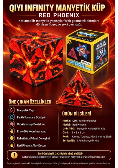 Manyetik Şekil Değiştiren Katlanır Küp, Qiyi Infinity Fidget Stres Oyuncağı Red Phoenix 6 X 6 X 6 Cm