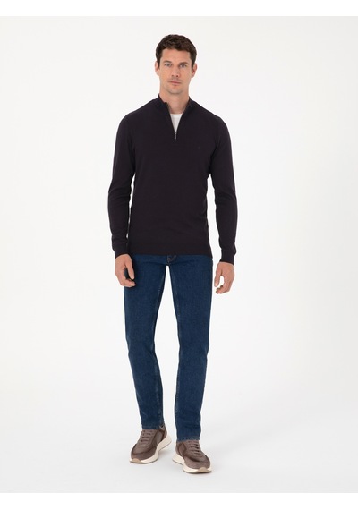 Cacharel Lacivert Slim Fit Pamuk Karışımlı Yarım Fermuarlı Dik Yaka Triko Kazak