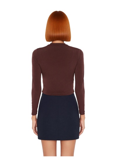 Ersefa Stil Kadın Fitted Vücuda Oturan Kol Büzgülü Esnek Bluz Crop Örme Kahverengi