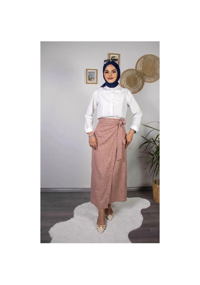 Qenz Fiyonk Bağlamalı Keten Etek Pembe Pembe