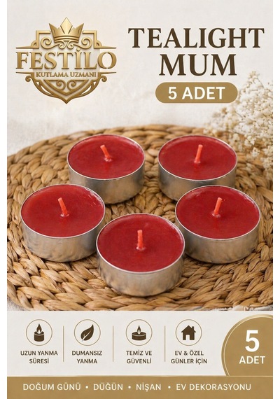 Tealight Mum 5 Adet Kalp Kırmızı Yuvarlak Kırmızı Beyaz Dekoratif Mum Kırmızı Yuvarlak