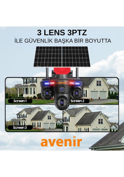 Avenir Solar Güvenlik Kamerası Tek Panel, 3 Lensli