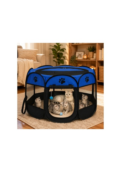 Patibon Evcil Hayvan Katlanabilir Sekizgen Oyun Parkı Kedi Doğum Odası Mavi 75x43 Cm