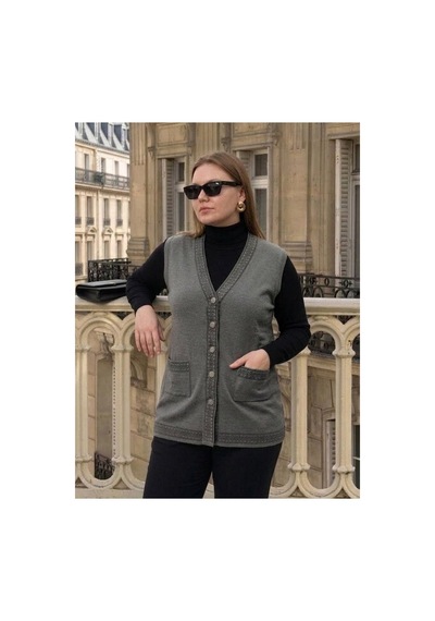 Onno Style Women Bantı Hasır Desenli Çelik Örgü Klasik Triko Yelek Gri