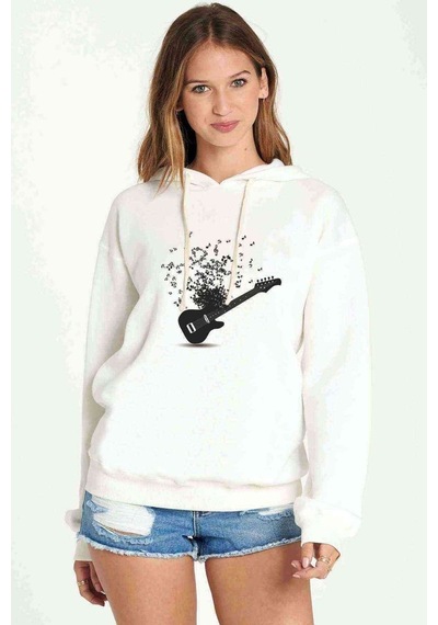 Gitar Notalar Baskılı Beyaz Kadın Kapşonlu Sweatshirt