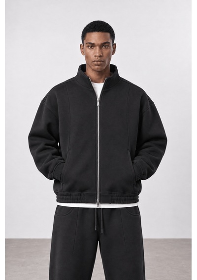 Respire Erkek Crop Fit Panda Oversize Zip Siyah