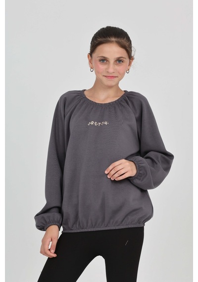 Toontoy Kız Çocuk Pretty Baskılı Sweatshirt Füme Melanj
