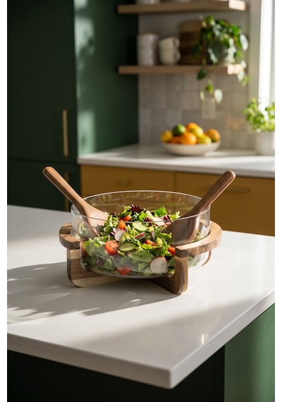 Bosco Akasya Salata Servis Kasesi & Çatal Kaşık - 4000 Ml Şeffaf